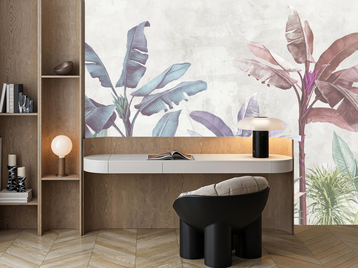 FOTOTAPETE für Schlafzimmer Bunte Bananenblätter Tropen Bäume 500x350 - Beige/Rot, Papier (500/350cm) - Muralo