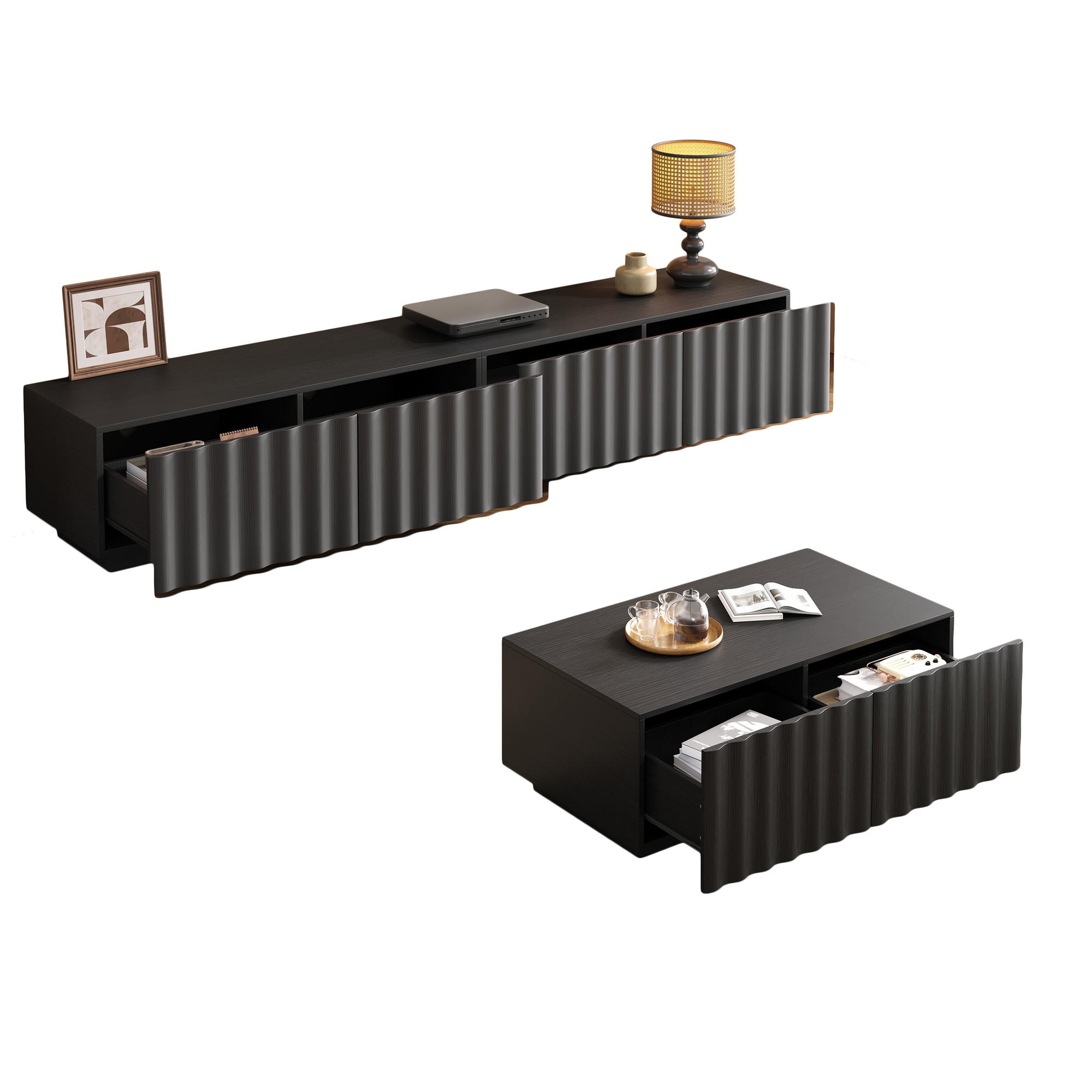 LOWBOARD TV-Schrank & Couchtisch Set, 3D Wellenfronten Design, 4+2 Schubladen, minimalistischer Stil - Schwarz, Holzwerkstoff (200/35/40cm) - EVRYAE