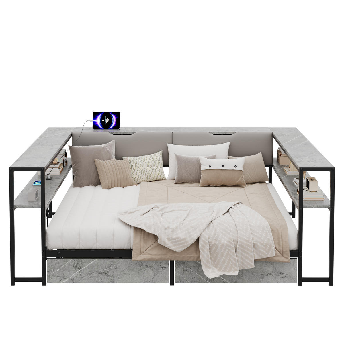 DAYBETT Beton 140x200 USB Type-C Schubladen Stauraum - Grau, Metall (140/200cm) - FLIEKS