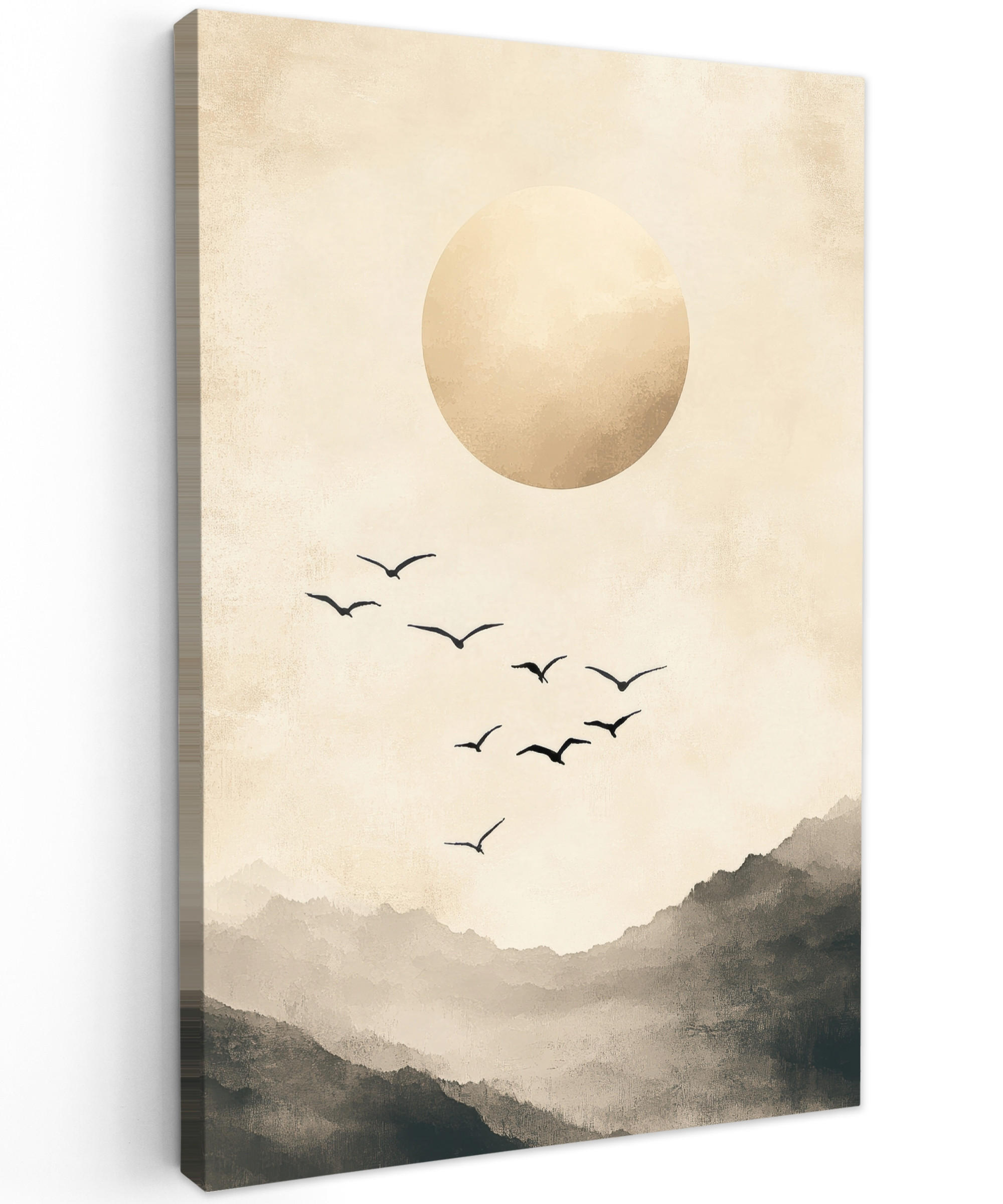 LEINWANDBILD Landschaft - Japandi - Vogel 60x90 cm - Beige, Textil (60/90cm) - MuchoWow