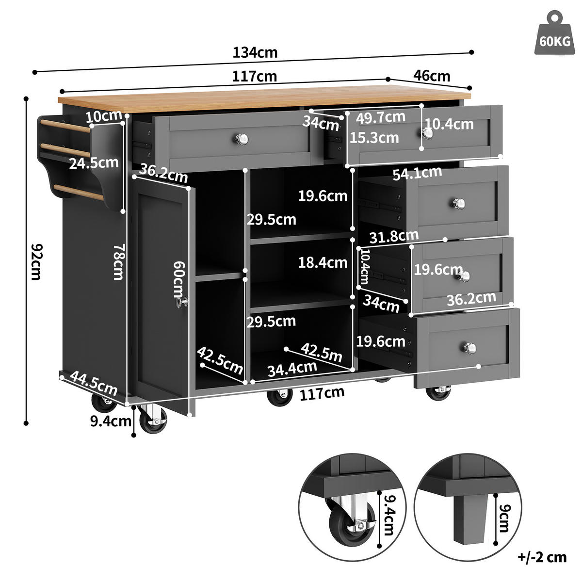 KÜCHENWAGEN Speisewagen 134x46x92cm Schwarz mit 5 Rädern & 3 Schubladen - Schwarz, Holzwerkstoff (134/92/46cm) - Modfu