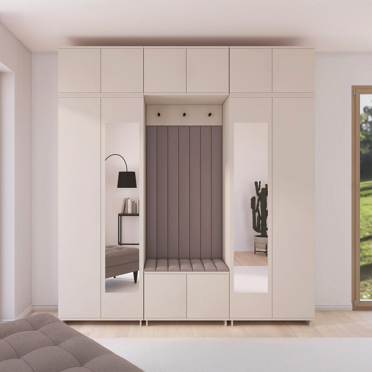 GARDEROBE Napoli version 12 mit Spiegel, mit POLSTERPANEELEN HELLBRAUN - Beige/Braun, Holzwerkstoff (210/225/40cm) - Jerpax