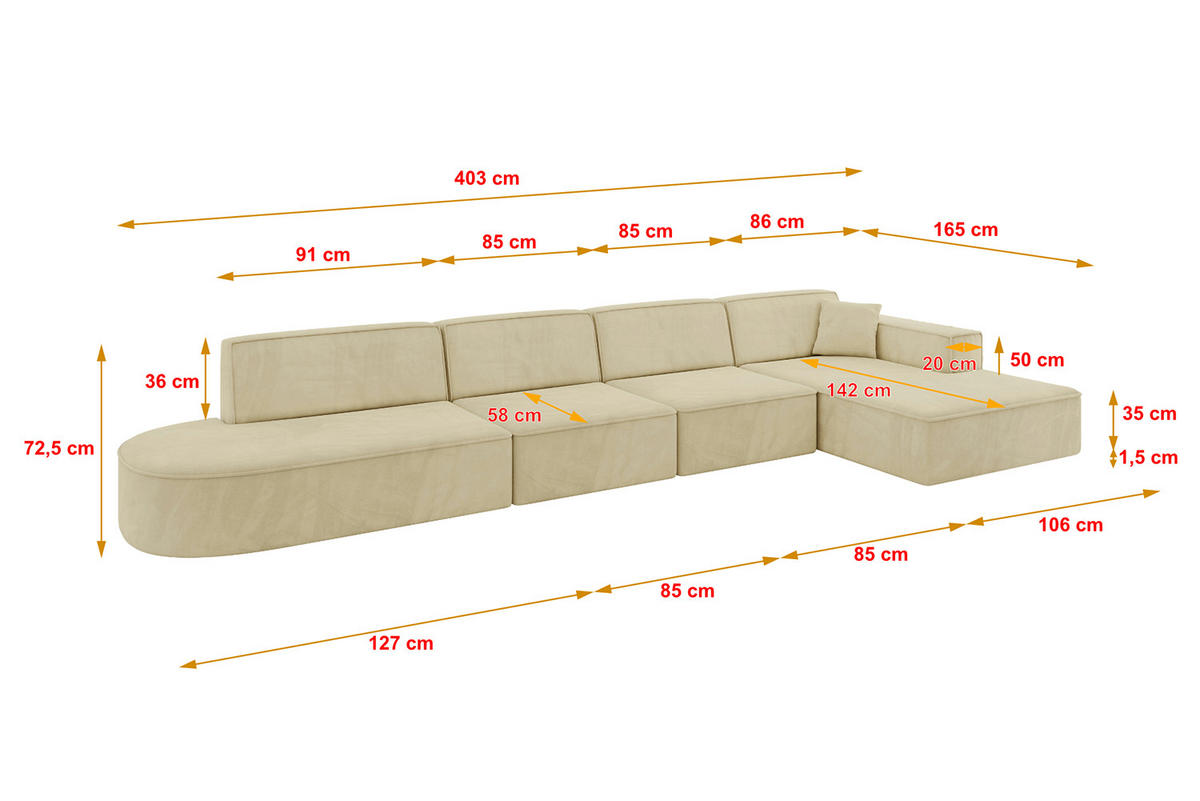 ECKSOFA Ottomane Rechts IREA-L3-v4 - 403x165x72,5 cm Beige - Ecru/Beige, Holzwerkstoff/Textil (403/165cm) - ALTDECOR