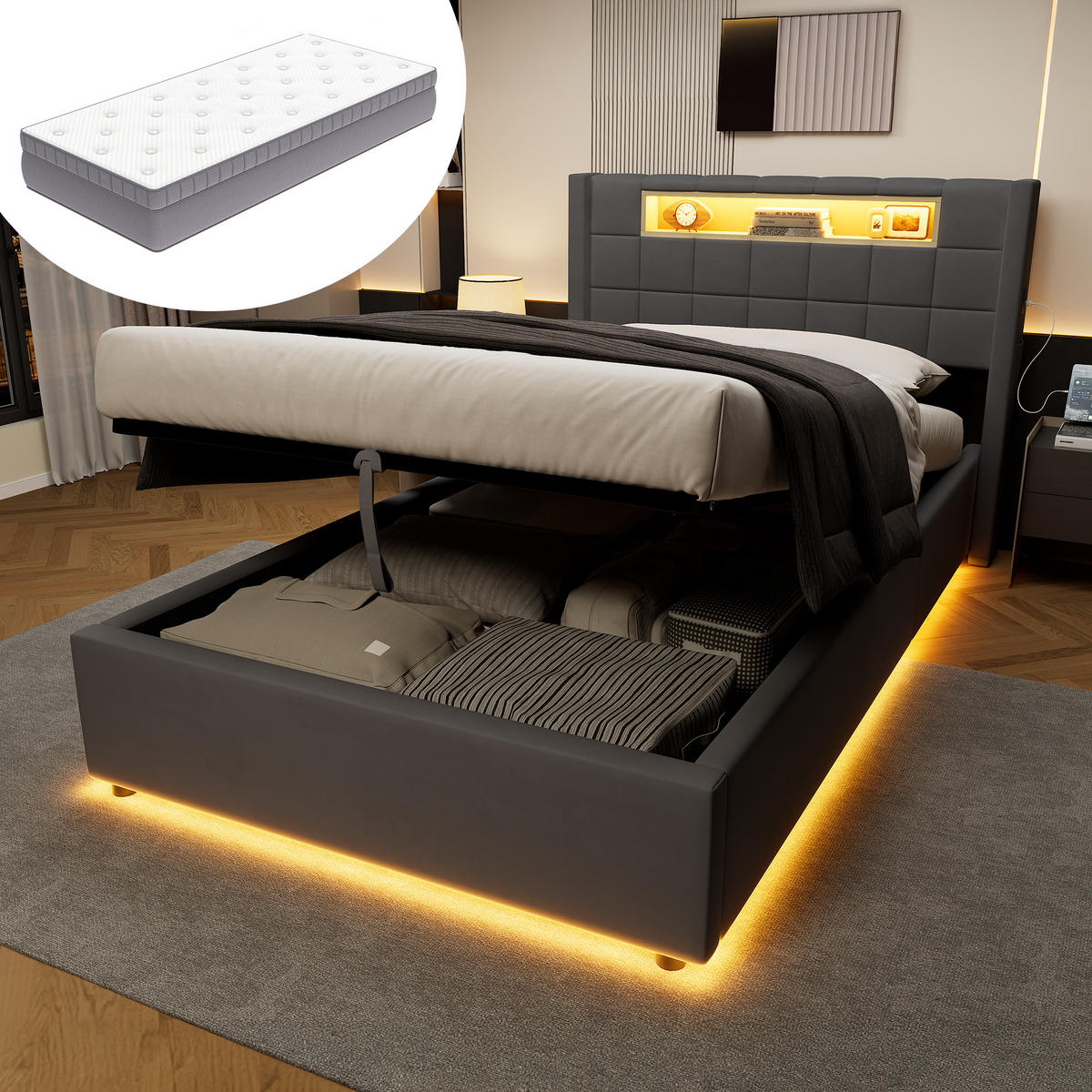 ČALOUNĚNÁ POSTEL 90 × 200 cm s matrací, hydraulickým úložným prostorem a LED osvětlením, šedá, sametový potah - šedá, kov/kompozitní dřevo (90/200cm) - STILVORA