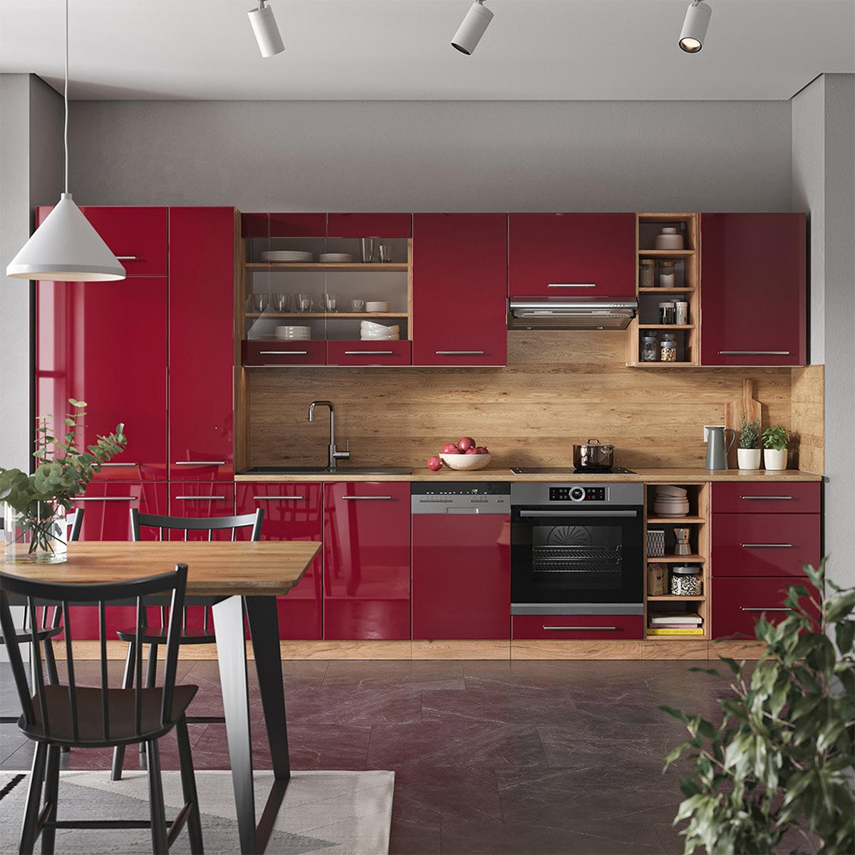 KUCHYNSKÝ KÚT Fame-Line Bordeaux vysoký lesk/dub Goldkraft 355 cm , AP Oak - bordová/dub medový, kompozitné drevo (355/206.8/60cm) - Vicco