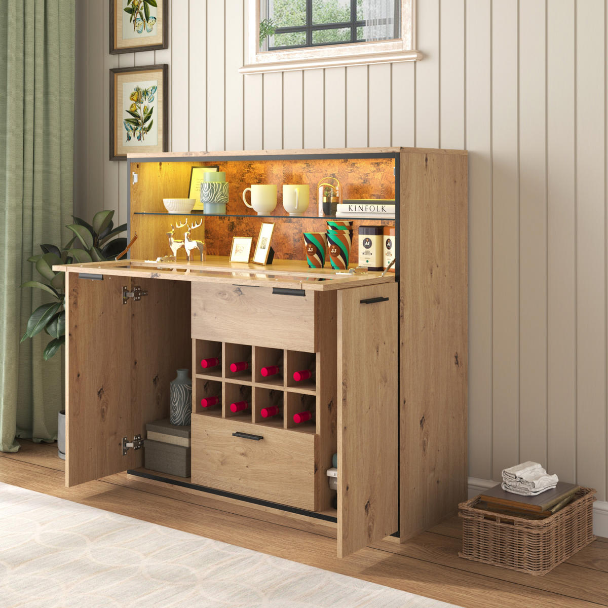 WEINSCHRANK 110x38x111 cm Holz, 2 Türen, Glasregal, Weinhalterung, LED-Beleuchtung - Naturfarben, Holz (110/111/38cm) - PARAFTA HOME