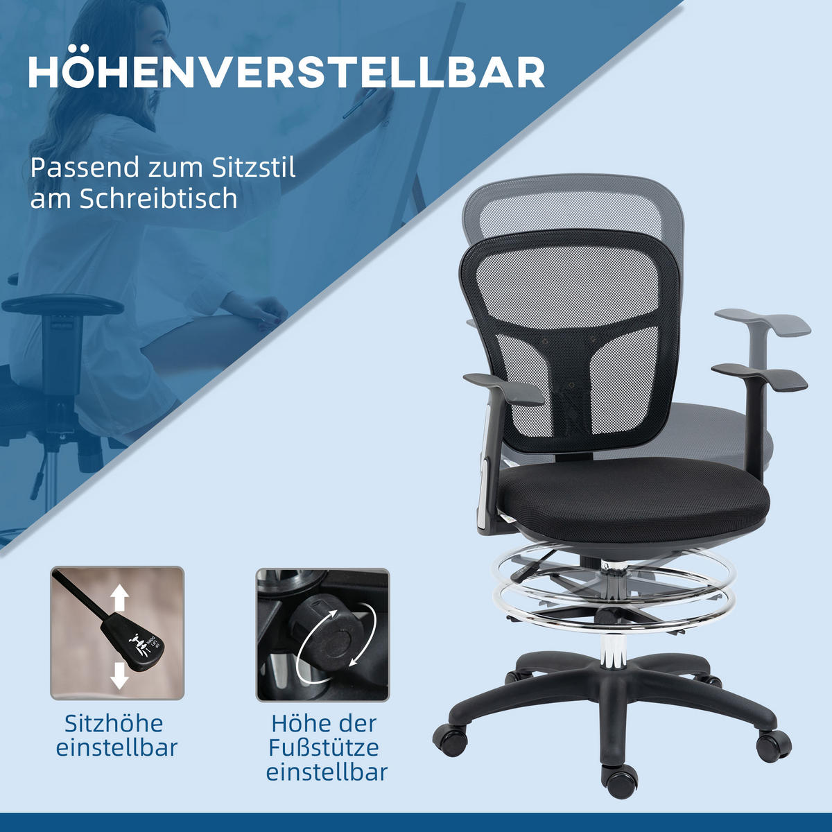ZEICHENSTUHL Schreibtischstuhl Computerstuhl, inkl. Fußstütze, höhenverstellbar, 59 x 59 x115 cm, Schwarz - Schwarz, Textil (59/115/59cm)