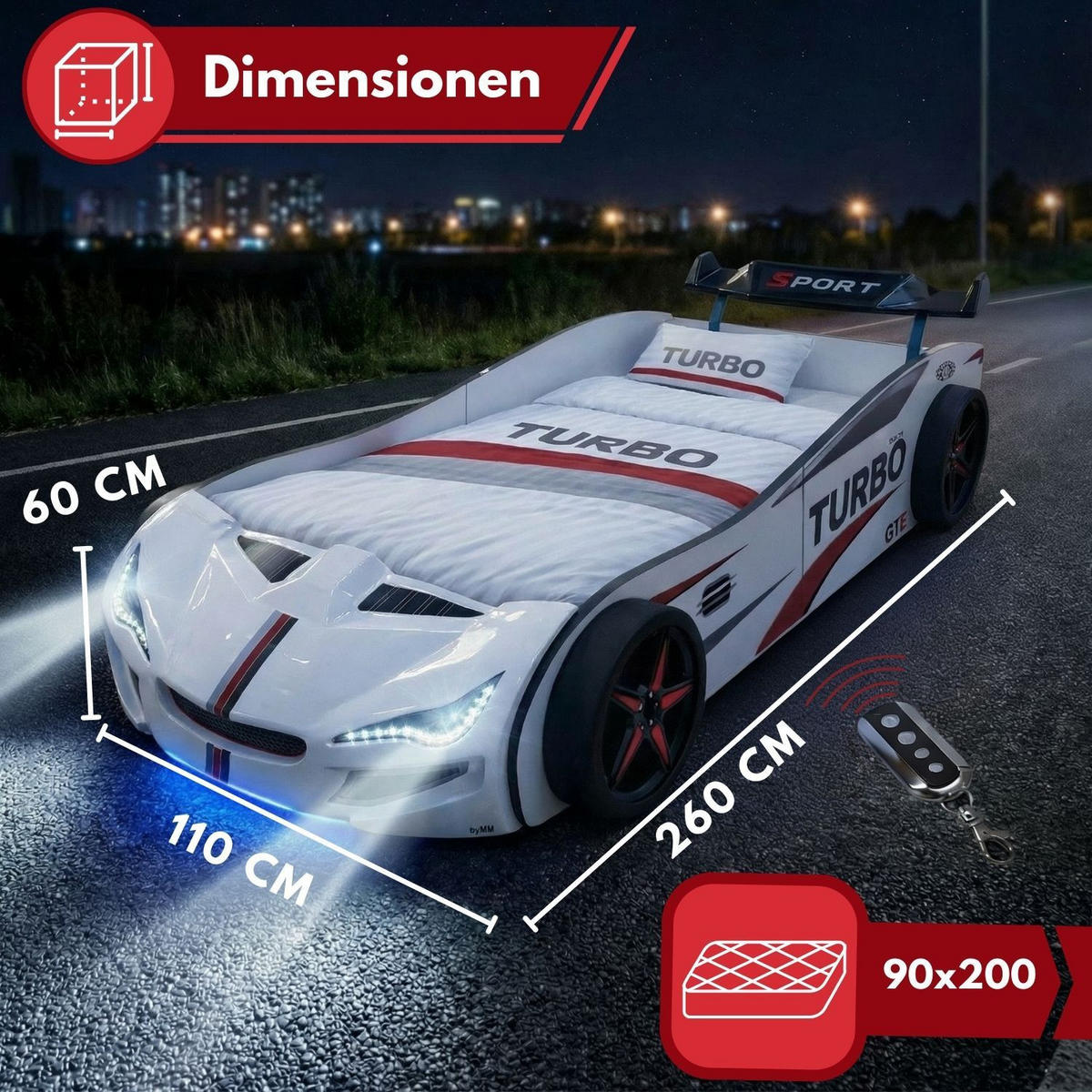 AUTOBETT GTE mit Rollrost, Licht und Sound Farbe Weiß - Weiß, Holzwerkstoff (90/200cm) - Coemo