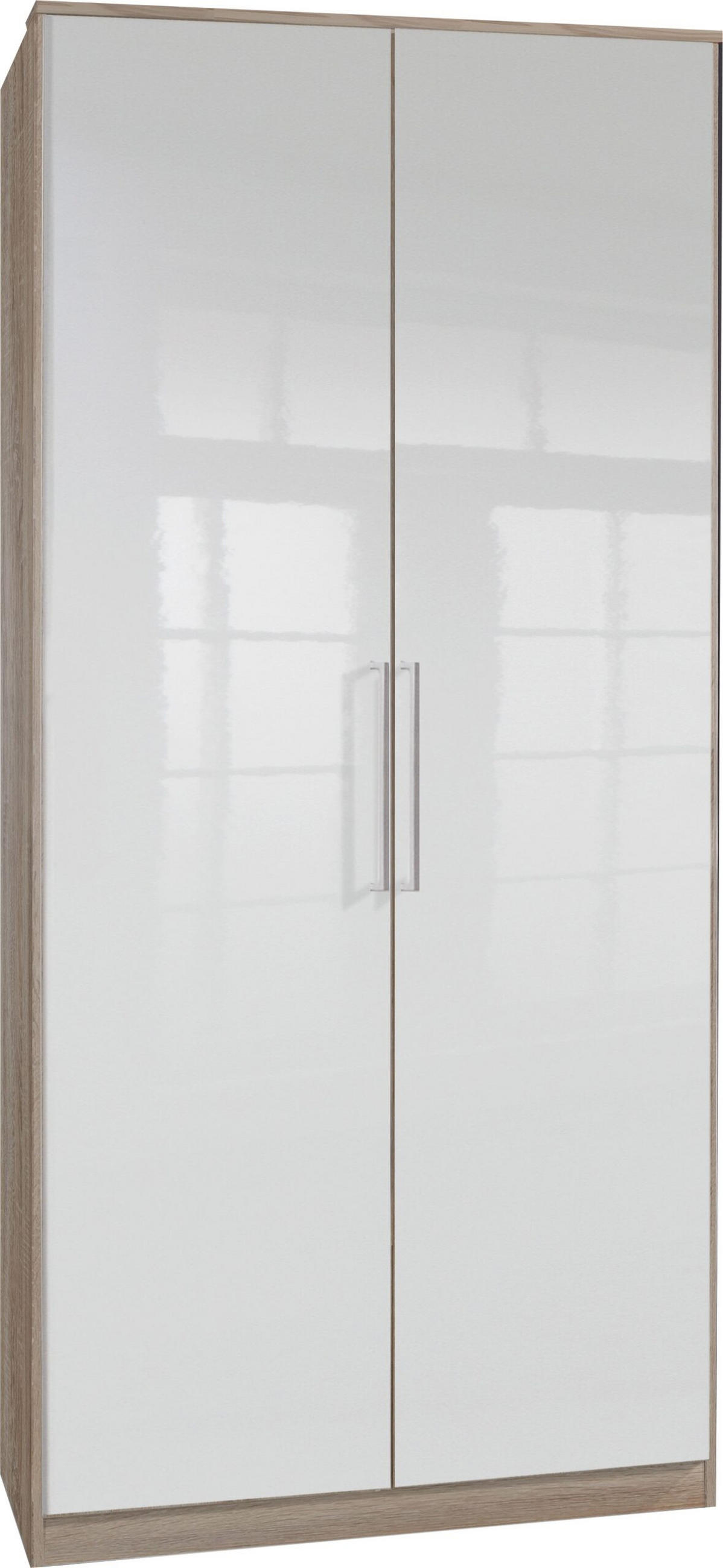 KLEIDERSCHRANK Greven in Hochglanz Lack Weiß mit Eiche Sägerau 91x199x58 cm (BxHxT) – Drehtürenschrank 2-türig - Weiß/Braun, Holzwerkstoff (120/200/80cm)