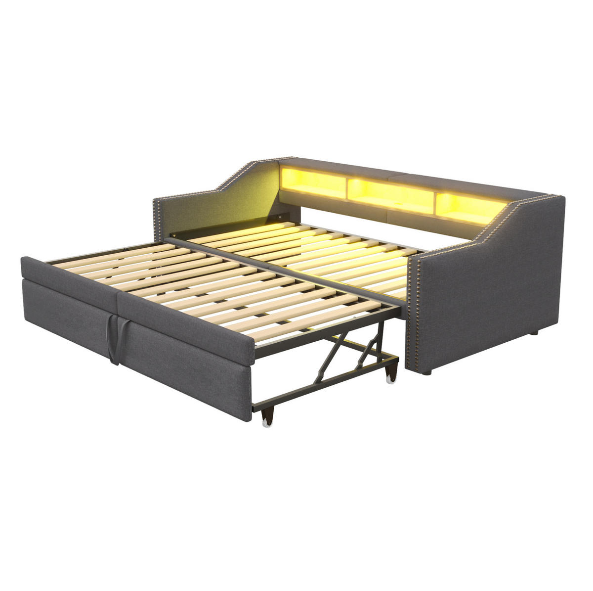 BETT aus Leinen 90/180x200 cm Dunkelgrau mit Ausziehbett, LED, USB und 3 Ablagefächern - Dunkelgrau, Textil (90/190cm) - Modfu