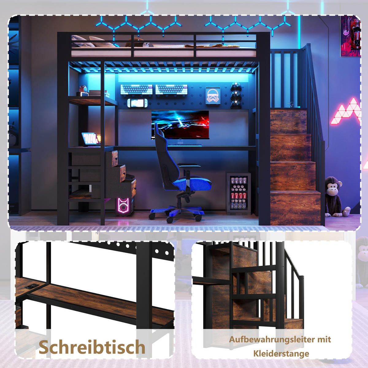 HOCHBETT 90/200 cm in Schwarz mit 3 Schubladen, Lochwand, Tisch, LED und Steckdose - Schwarz, Holzwerkstoff/Metall (90/200cm) - STILVORA