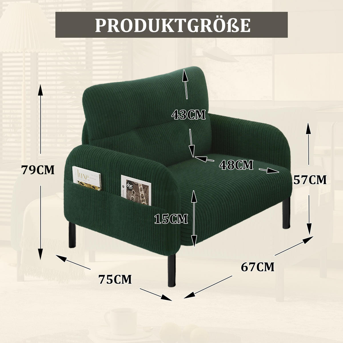 SESSEL Cord Smaragdgrün mit Seitentasche - Grün, Textil/Metall (67/79/75cm) - WISHDOR