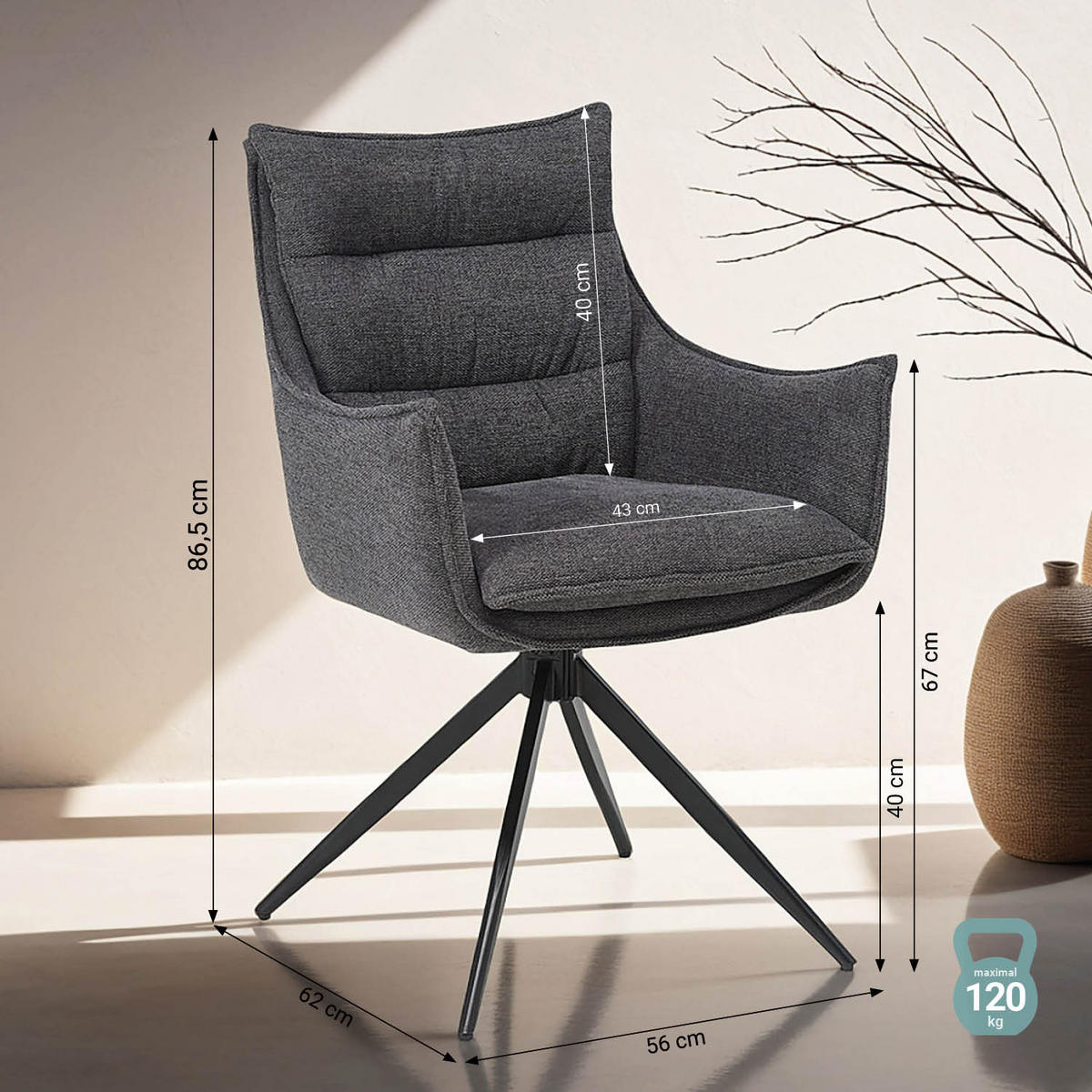 ARMLEHNSTUHL in Stahl drehbar Anthrazit - Anthrazit, Textil (57/87/62cm) - Homestyle4u