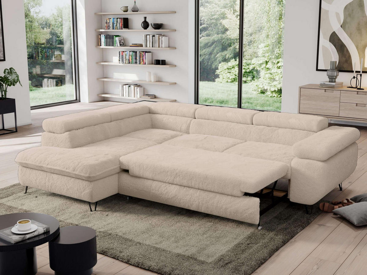 ECKSOFA PEDRO L Ecru Plüsch - Links Seite - Ecru/Schwarz, Textil/Metall (208/273cm) - MKS