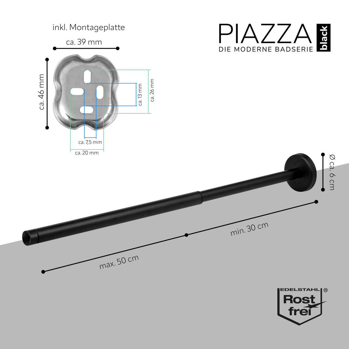 TELESKOPHANDTUCHSTANGE PIAZZA BLACK mit Kleber, Edelstahl, schwarz - Schwarz, Metall (50/6/50cm) - bremermann
