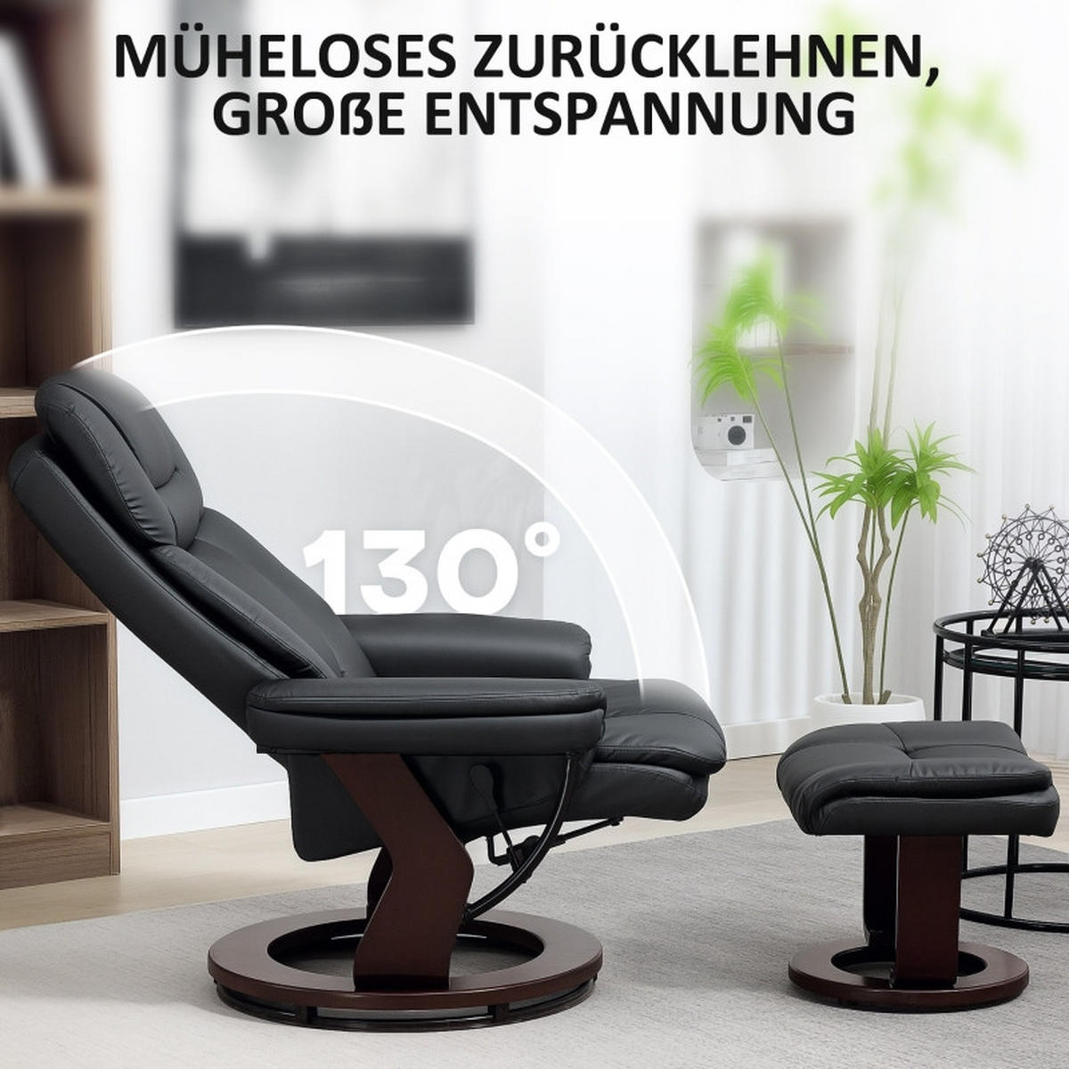 RELAXSESSEL mit Hocker Kunstleder 360° drehbar, bis 130° neigbar 86/83/107 cm Schwarz - Schwarz, Kunststoff (83/107/86cm) - Redom