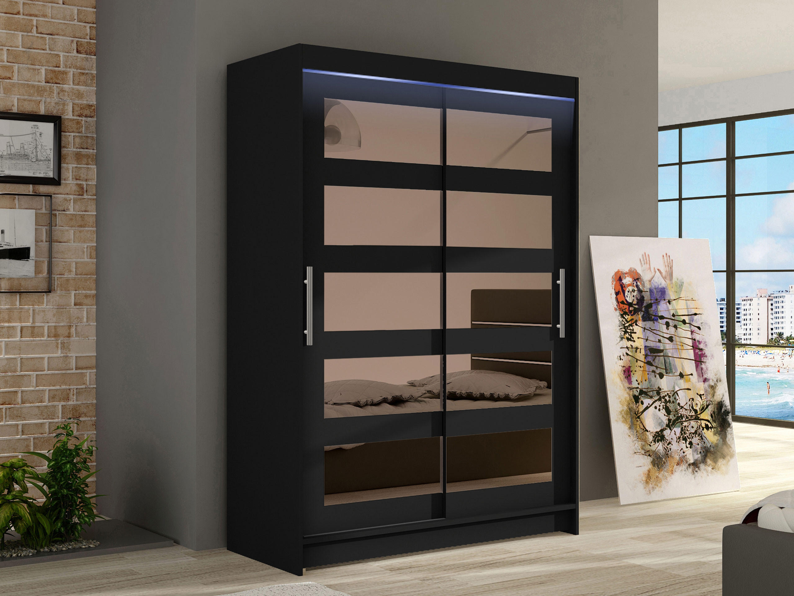 KLEIDERSCHRANK Miami IV, mit RGB LED Beleuchtung - Silberfarben/Schwarz, Holzwerkstoff/Kunststoff (120/200/58cm) - MIRJAN24
