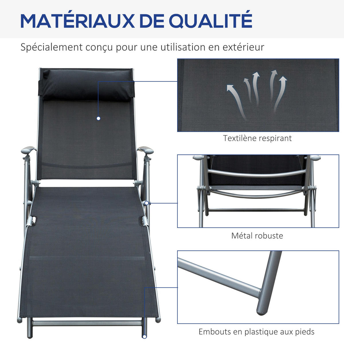 SONNENLIEGE DE-13547 7-fach verstellbar mit Kopfstütze Schwarz - Schwarz, Metall (63.5/100.5/137cm) - ComfortXL