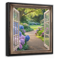 LEINWAND Bilder mit Rahmen - Aussicht - Garten - Fenster - Hortensie - Blumen - 20x20 - Pastellblau, Textil (20/20cm) - MuchoWow