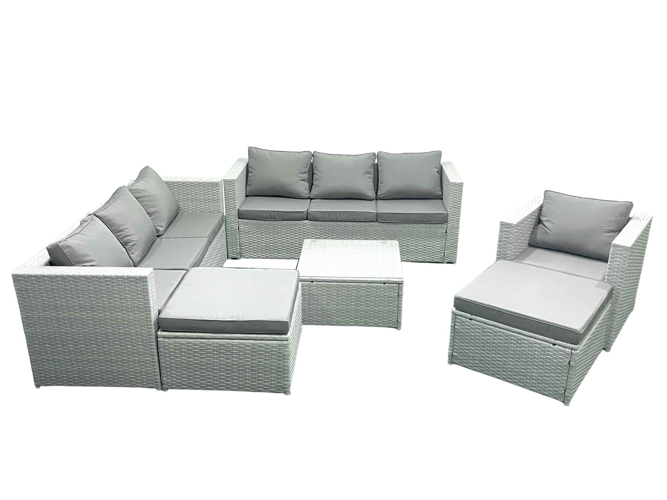 GARTENMÖBEL-SET mit Kissen Polyrattan Hellgrau-Mix 9-Sitzer - Hellgrau/Grau, Glas/Kunststoff - Fimous
