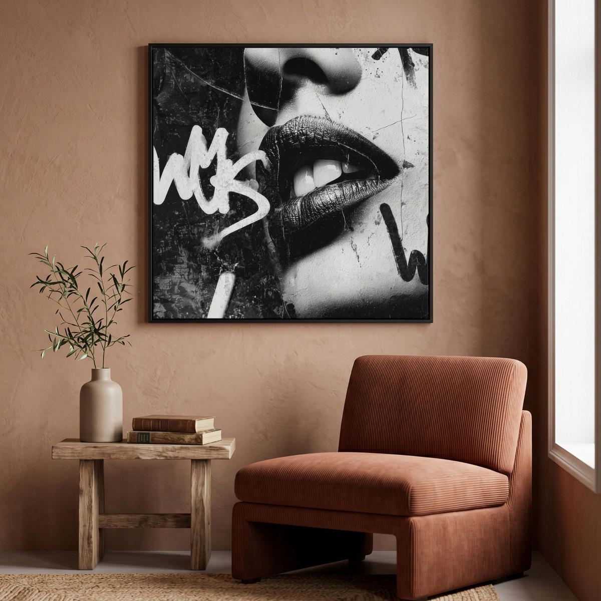 LEINWAND Bilder mit Rahmen - Gesicht - Mund - Graffiti - Schwarz - 90x90 - Schwarz, Textil (90/90cm) - MuchoWow
