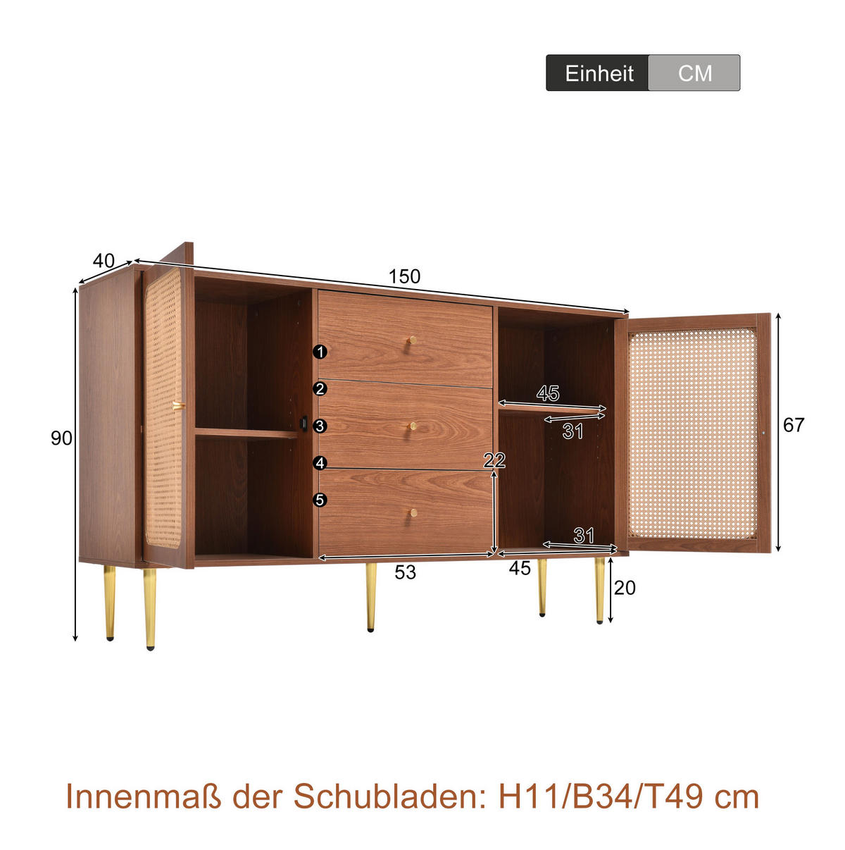 KOMMODE 150/40/90 cm in Nussbaum mit 2 Türen, 3 Schubladen und verstellbarem Fachboden - Naturfarben, Metall (150/90/40cm) - Flora Grace