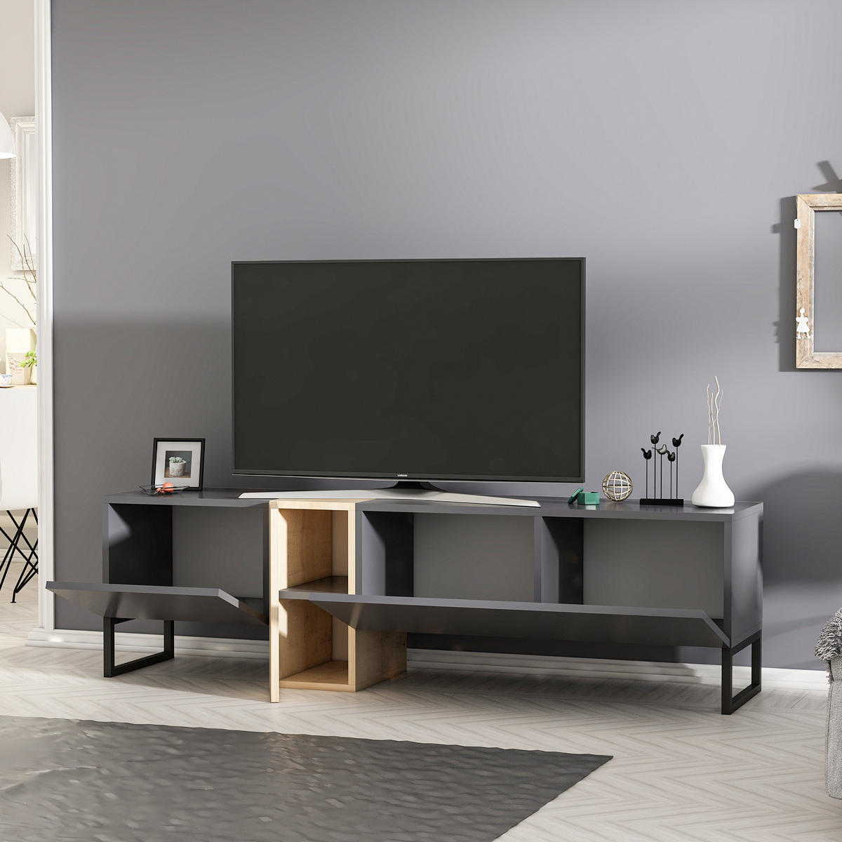 TV-LOWBOARD Anthrazit Saphir mit Metall Füße 9161 - Anthrazit/Beige, Holzwerkstoff/Metall (157/45/37cm) - moebel17