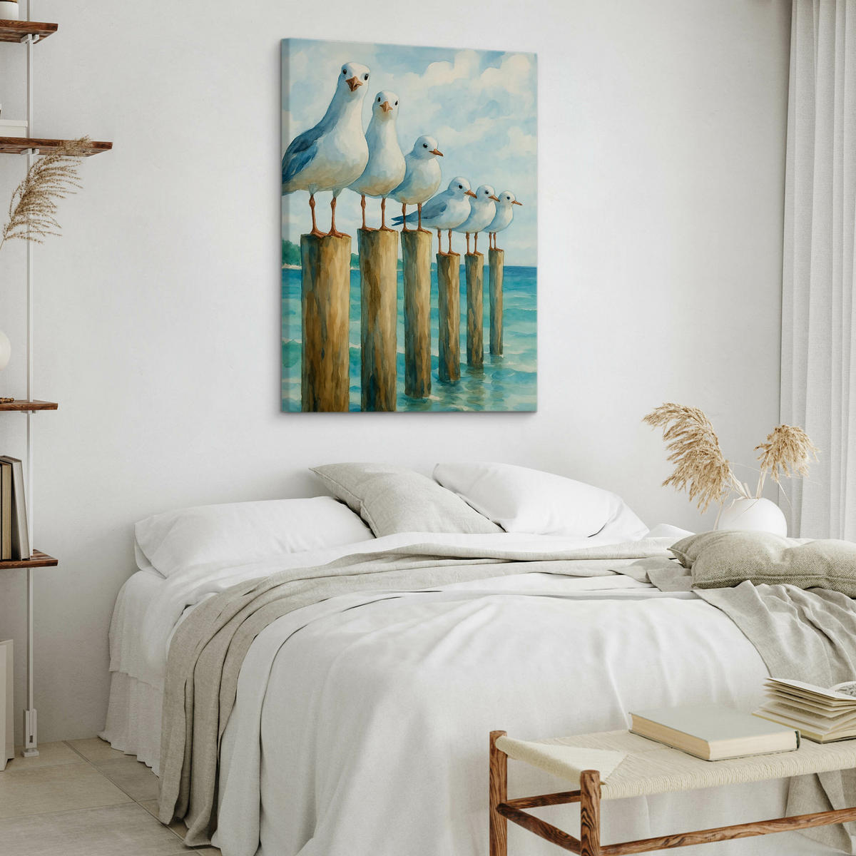 LEINWANDBILD Bemalte Möwen Meer 50/70cm - Blau/Beige, Textil (50/70cm) - Muralo