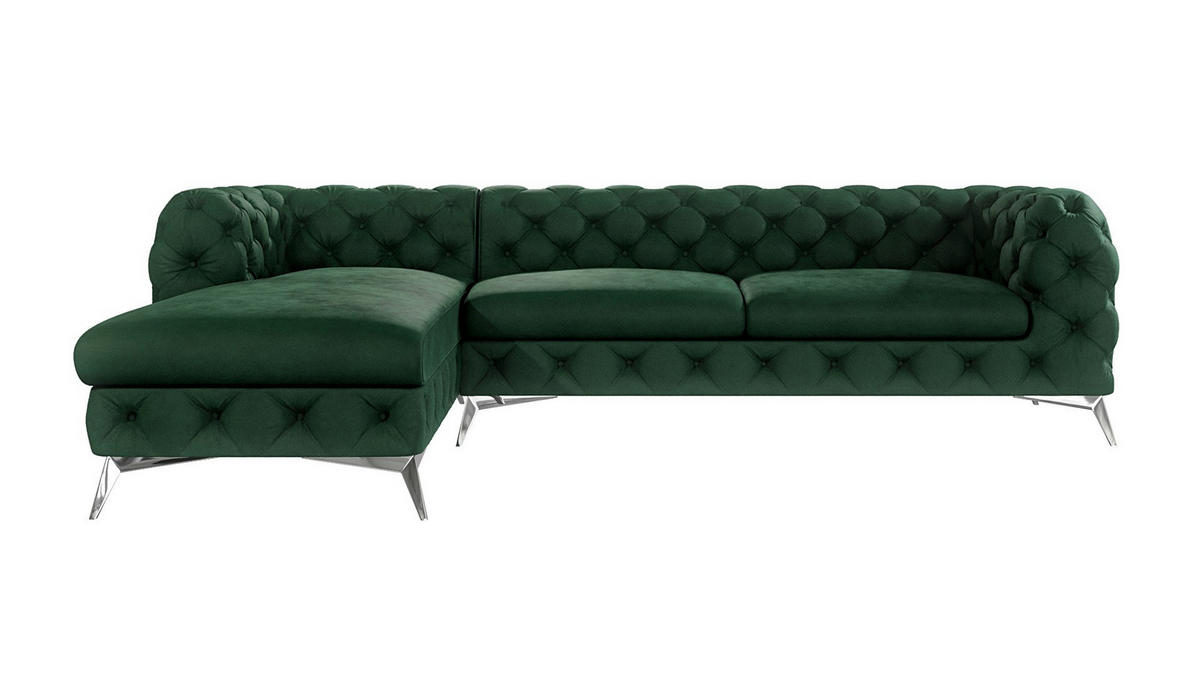 ECKSOFA Chesterfield Laura Flasche Grün Samt - Smaragdgrün/Silberfarben, Holz/Textil (305/200cm) - S-Style Möbel