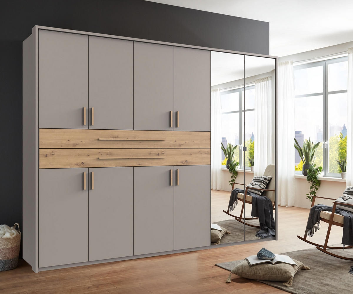 SKŘÍŇ S OTOČNÝMI DVEŘMI B273/H210/T58 cm, pískově šedá, šatní skříň s paspartou, 2 zrcadla, 2 velké zásuvky a úchytky v dekoru dub Artisan / 22650 - písková barva/dub artisan, kompozitní dřevo/plast (273/210/58cm) - luma-home