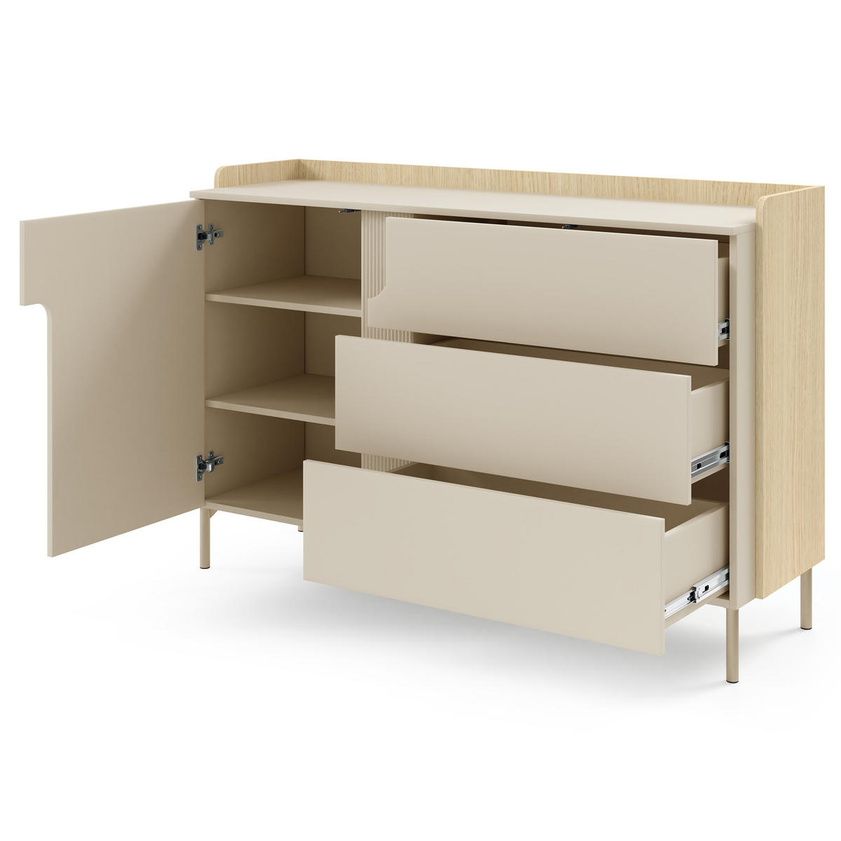 KOMMODE Positivo mit 1 Tür und 3 Schubladen, 140 cm, Mavelie-Eiche + Macadamia - Eichefarben, Holzwerkstoff (143/95/42cm) - Beautysofa