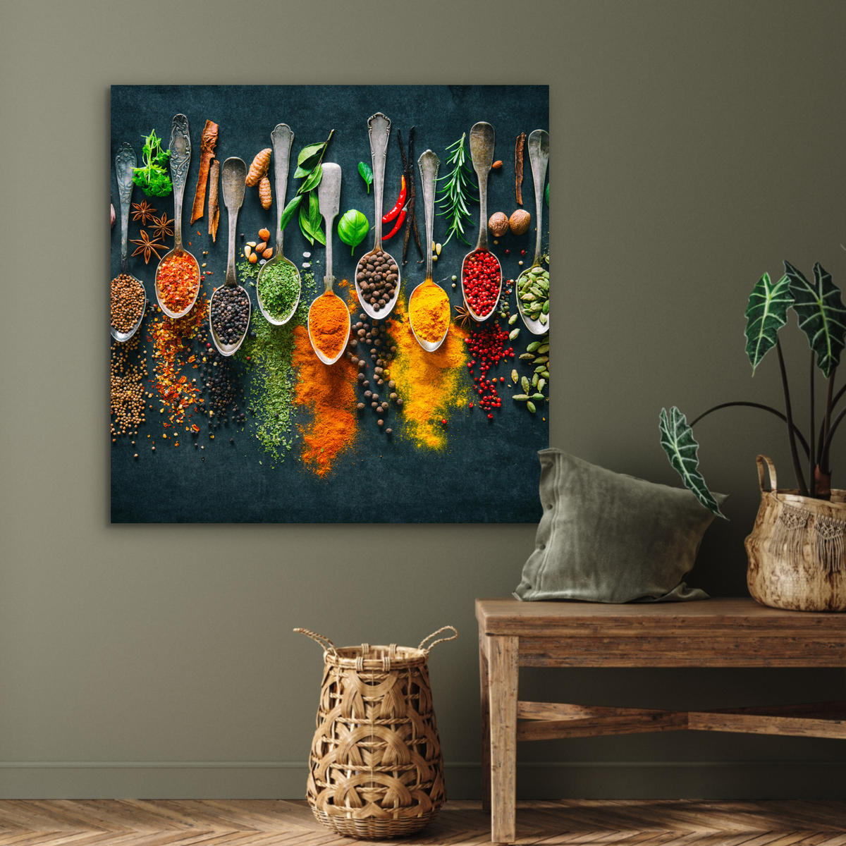KOVOVÝ OBRAZ Bylinky - korenie - lyžičky 90x90 cm - kari žltá, kov (90/90cm) - MuchoWow