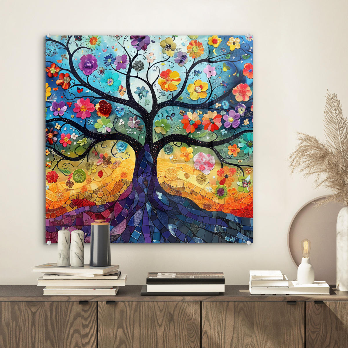 OBRAZ NA AKRYLOVOM SKLE Umenie - Strom života - Kvety - Hippie 50x50 cm - tmavomodrá, sklo (50/50cm) - MuchoWow
