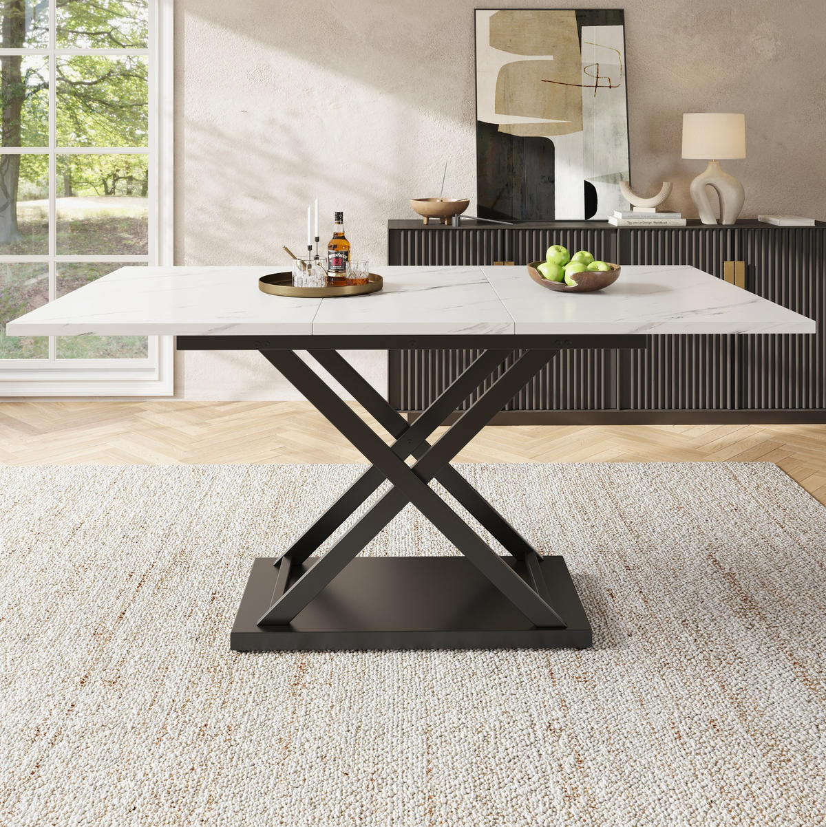 ESSTISCH 120-160/75/80 cm Weiß/Schwarz aus MDF und Metall mit Ausziehfunktion - Weiß, Holzwerkstoff (160/80/75cm) - OKMYHOME