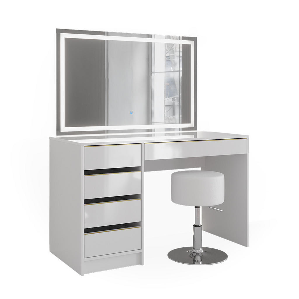 MASĂ DE TOALETĂ Sherry Alb/Auriu 120 cm cu oglinda LED si taburet