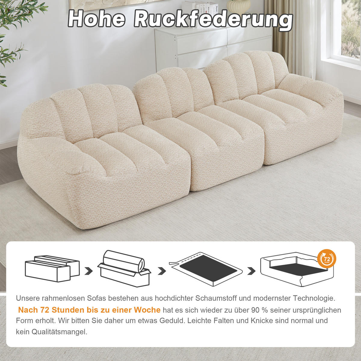 3-SITZER SOFA aus granuliertem Fleece, frameless Lounge-Design ohne Montage - Creme, Textil (288/79/104cm) - Urban Meuble
