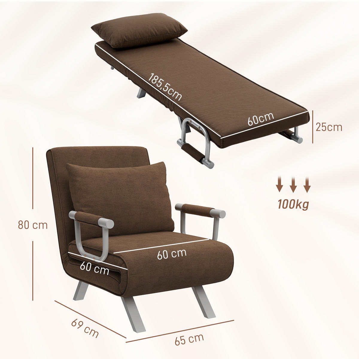 SCHLAFSESSEL DE-14538 1-Sitzer mit 5-fach verstellbarer Rückenlehne Braun - Braun, Metall (69/82/65cm) - ComfortXL
