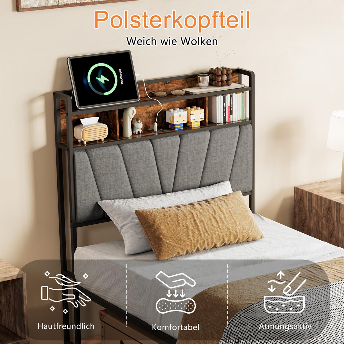ČALÚNENÁ posteľ 90x200 cm s RGB LED, úložným čelom a USB - hnedá, drevo (90/200cm) - SHOPENTRA