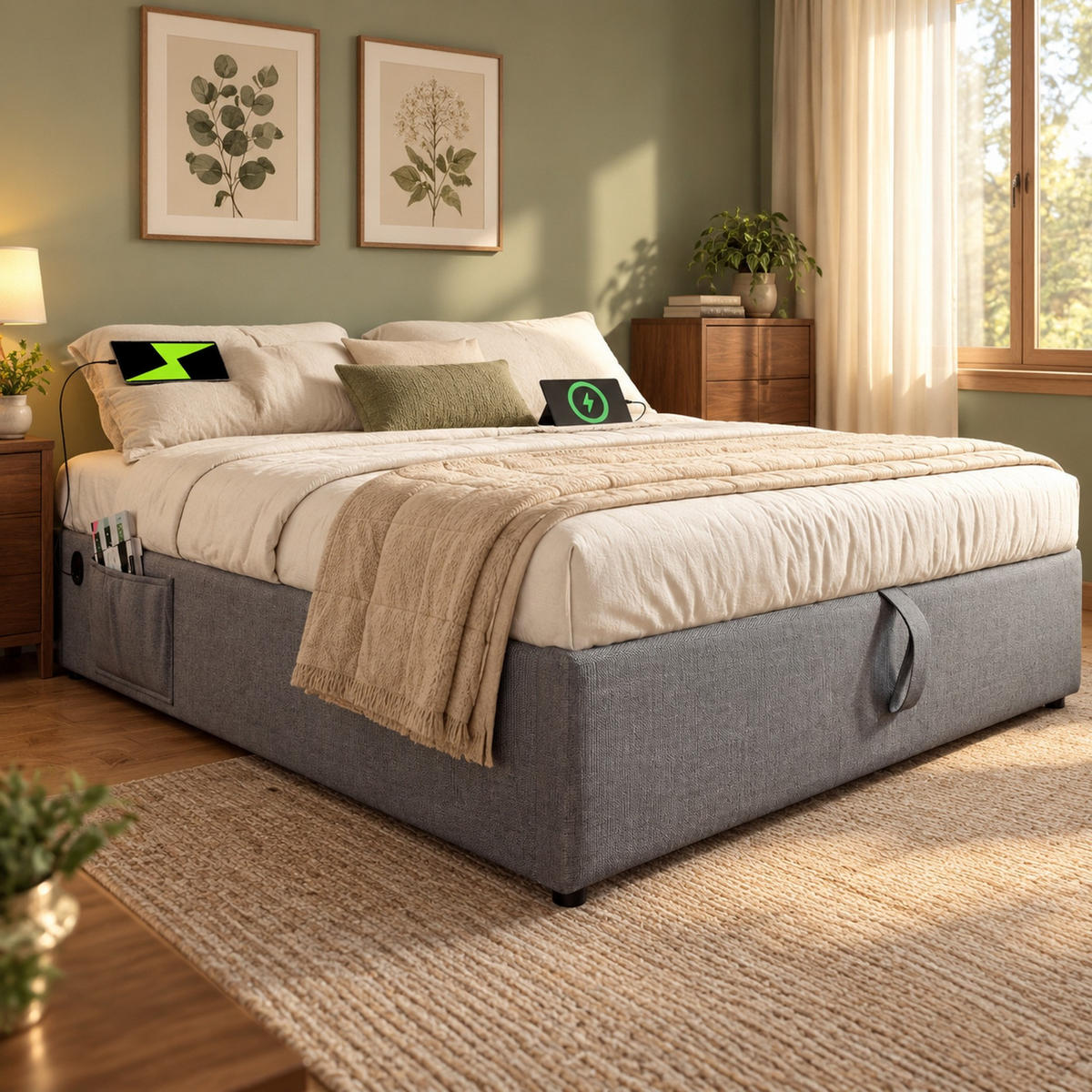 POLSTERBETT 140/200 mit Bettkasten, USB und Type-C in Grau - Grau, Holzwerkstoff/Textil (140/200cm) - EVRYAE