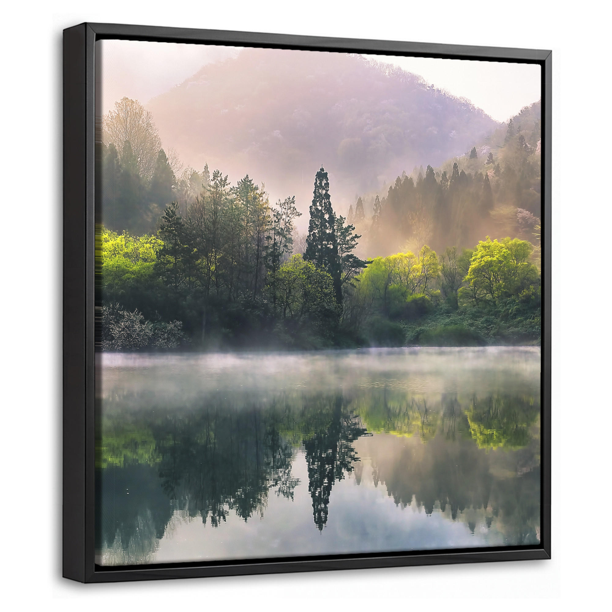 LEINWAND Bilder mit Rahmen - Natur - Bäume - Berge - See - Wasser - 20x20 - Hellgrün, Textil (20/20cm) - MuchoWow