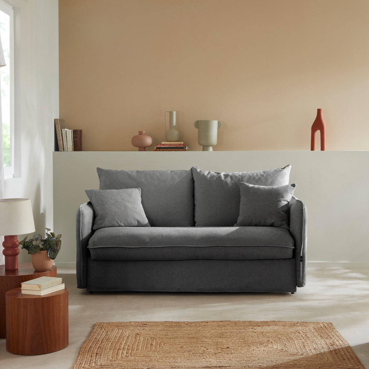 SCHLAFSOFA 3-sitzer mit express-Öffnung in stoff mika 185/104/90 cm - Grau, Holz (185/90/104cm) - Calicosy