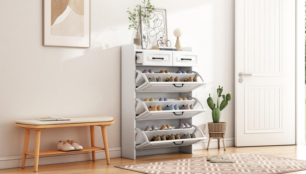 SCHUHSCHRANK mit Schubladen und Türen, weiß matt / Eichen-Optik, moderner Stauraum für Wohnzimmer, 131/23,5/80 cm - Weiß, Holzwerkstoff (131/23.5/80cm) - Redom