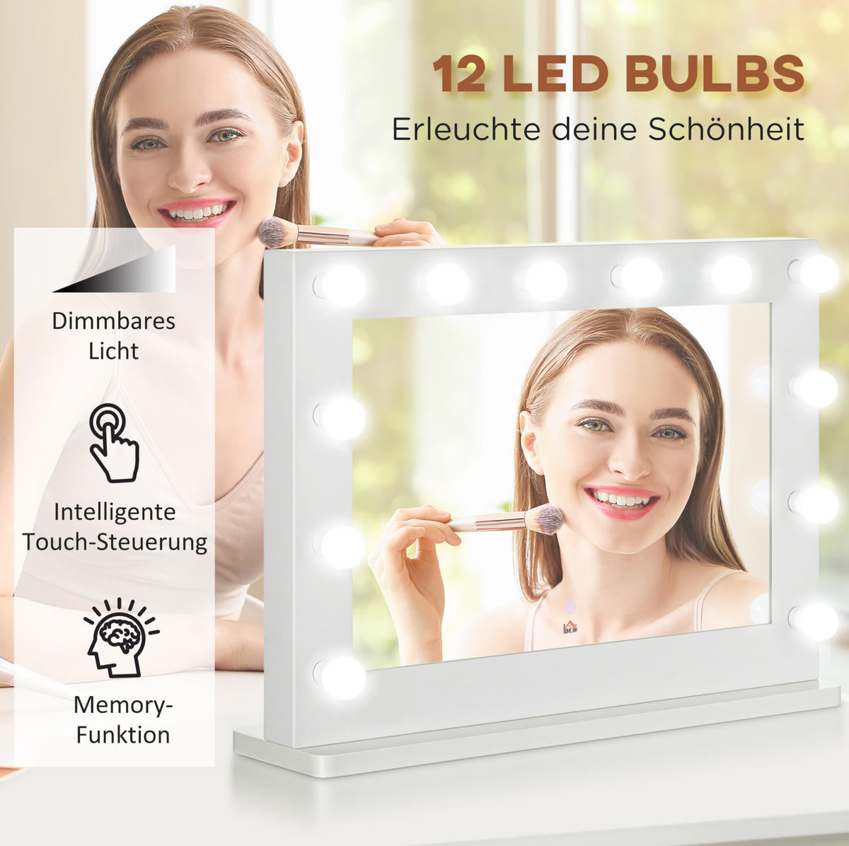 WANDSPIEGEL 80/20/60 cm Weiß aus Eisen mit 12 LED und Memoryfunktion - Weiß, Metall (60/20/80cm) - OKWISH