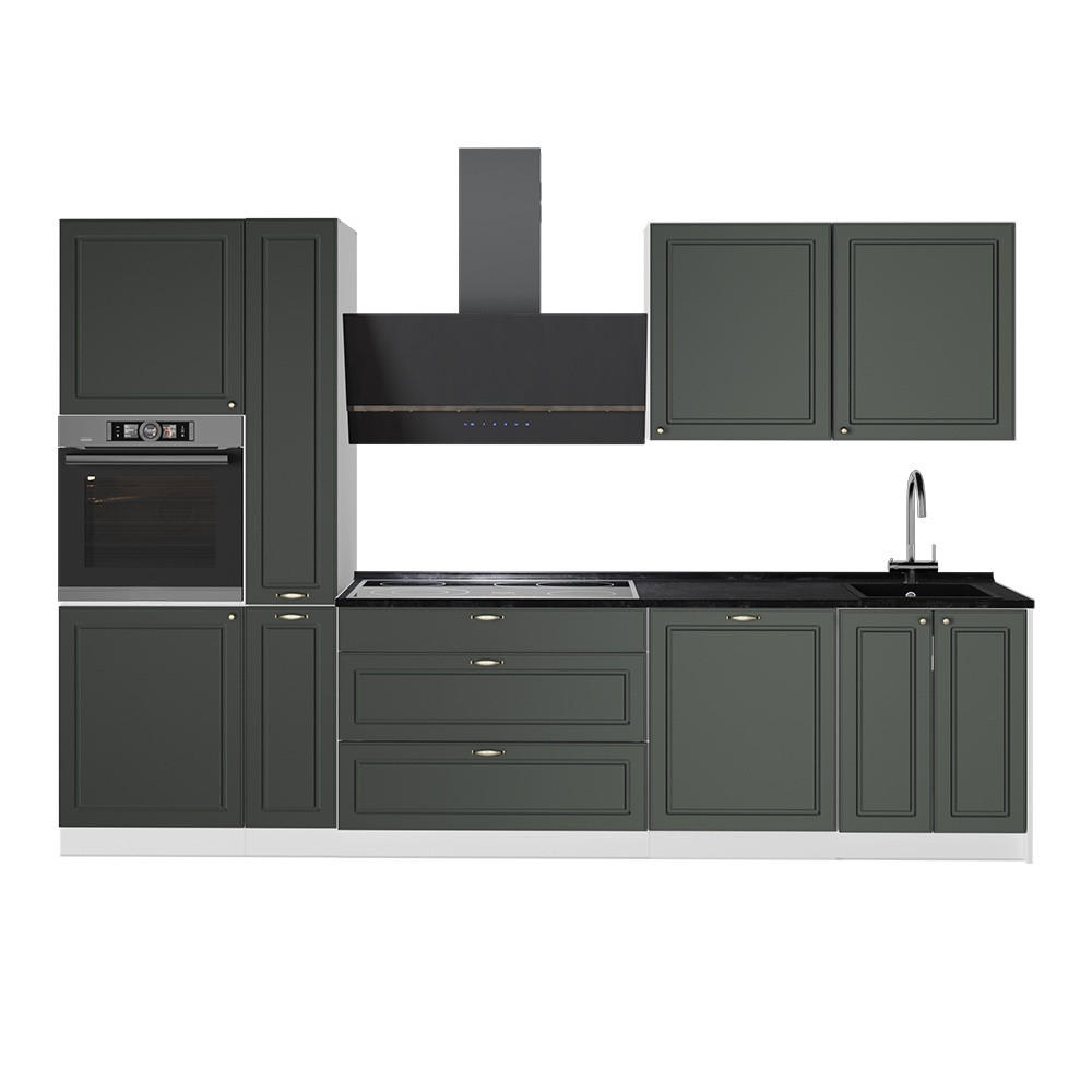 KÜCHENZEILE Fame-Line, Grün-Gold Landhaus/Weiß, 310 cm ohne Arbeitsplatte - Weiß/Grün, Holzwerkstoff (310/206.8/51.6cm) - Vicco