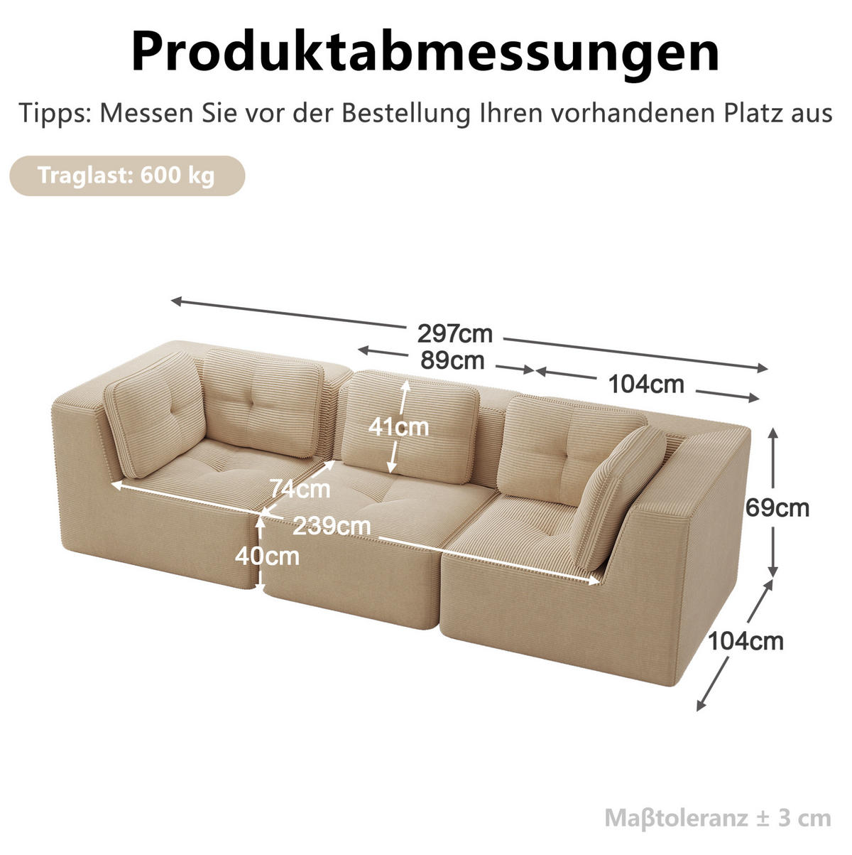 SOFA 297/104/69 cm in Beige aus Cord mit tiefer Sitzfläche - Beige, Textil (104/69/297cm) - Flora Grace