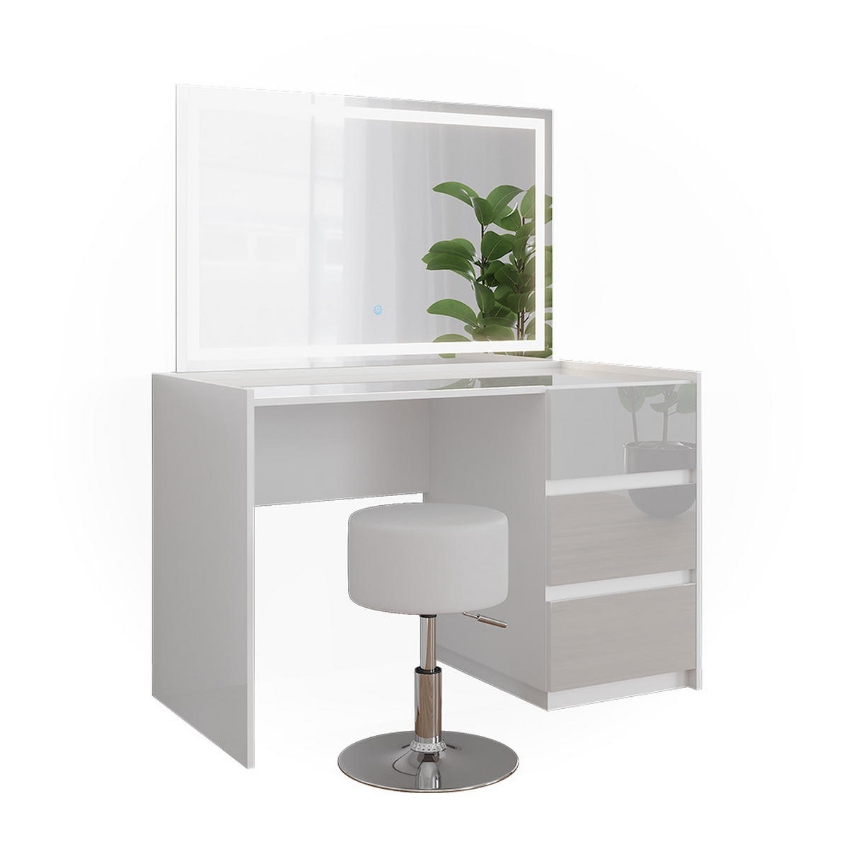 SCHMINKTISCH Marla Weiß Hochglanz 120 cm mit LED-Spiegel und Hocker - Weiß Hochglanz, Holzwerkstoff (120/78.6/60cm) - Vicco