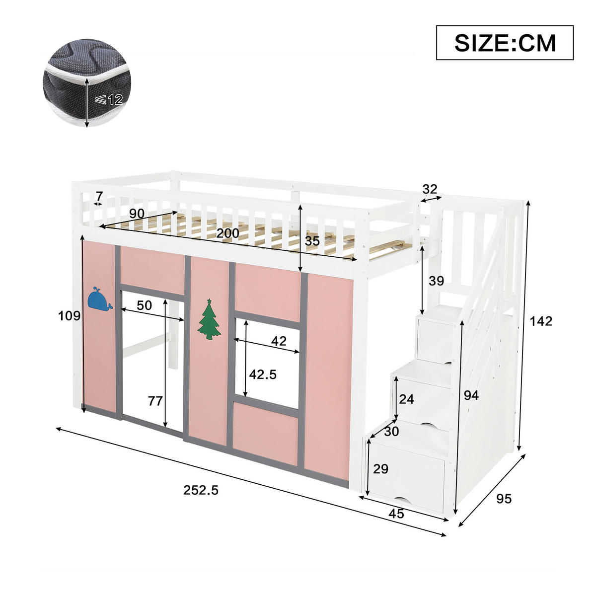 HOCHBETT 90/200 cm DE-32743 mit Stauraumtreppe und LED Weiß/Pink - Pink, Holzwerkstoff (90/200cm) - ComfortXL