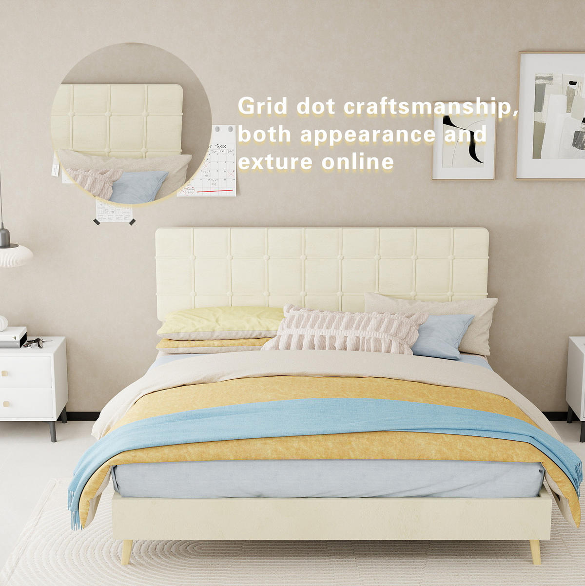 POLSTERBETT 160x200 cm in Beige mit gepolstertem Karostepp-Kopfteil inklusive Matratze - Beige, Textil (160/200cm) - IVMEU
