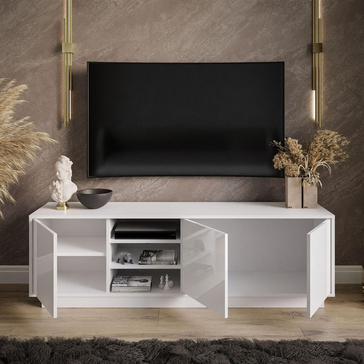 TV-ELEMENT SANAYI auf Sockel mit Regalen Hochglanz Weiß - Weiß Hochglanz/Weiß, Holzwerkstoff (156/47/38cm) - Lookway