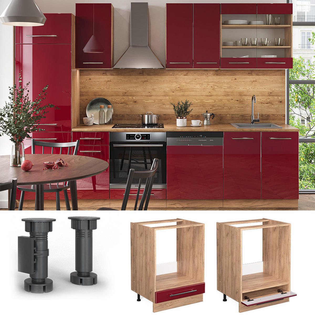 HERDUMBAUSCHRANK Fame-Line Bordeaux Hochglanz 60 cm, AP Marmor - Honigeiche/Bordeaux, Holzwerkstoff (60/82/60cm) - Vicco